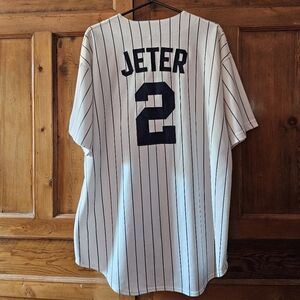 Vintage NY Yankees JETER #2 Russell Athletic White & blue Pinstripe Jersey
